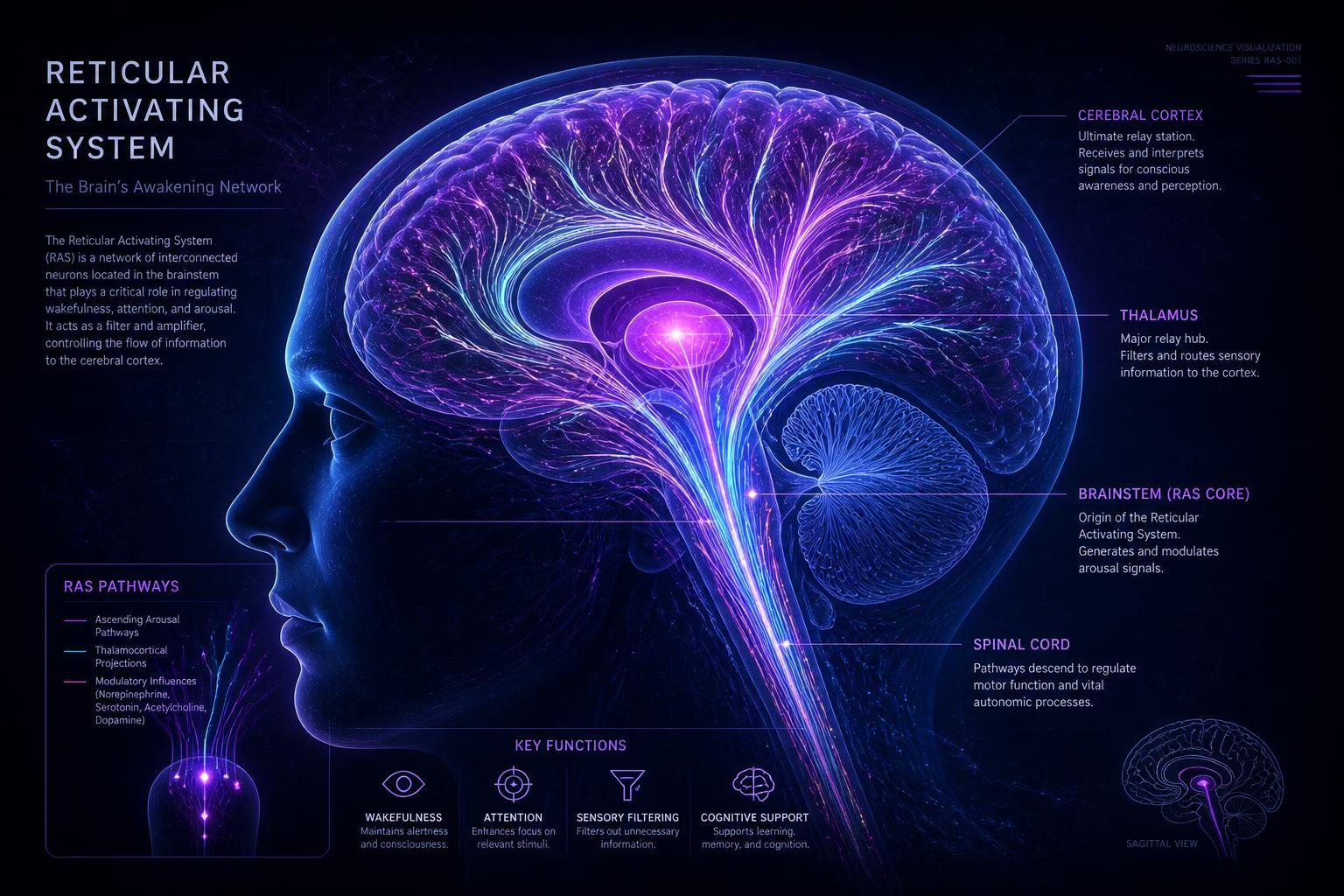 Reticular Activating System — neural pathways illuminated across the human brain
